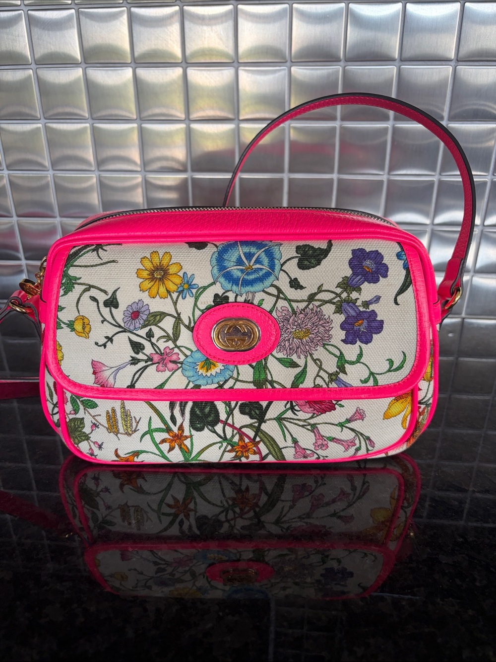 Gucci Floral Canvas Crossbody with Hot Pink Trim - Picture 1 of 5